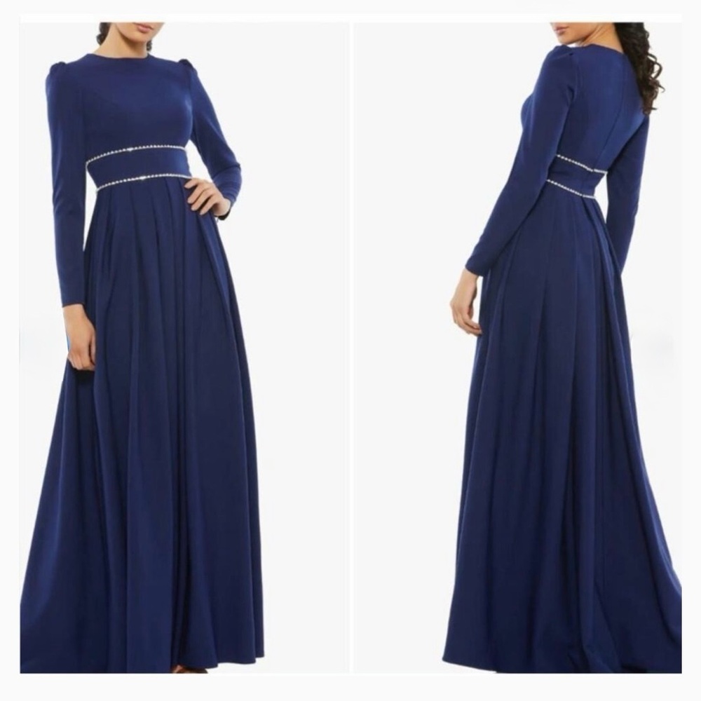Mac Duggal Navy Long Sleeve Maxi Dress with Rhinestone-Trim Waist